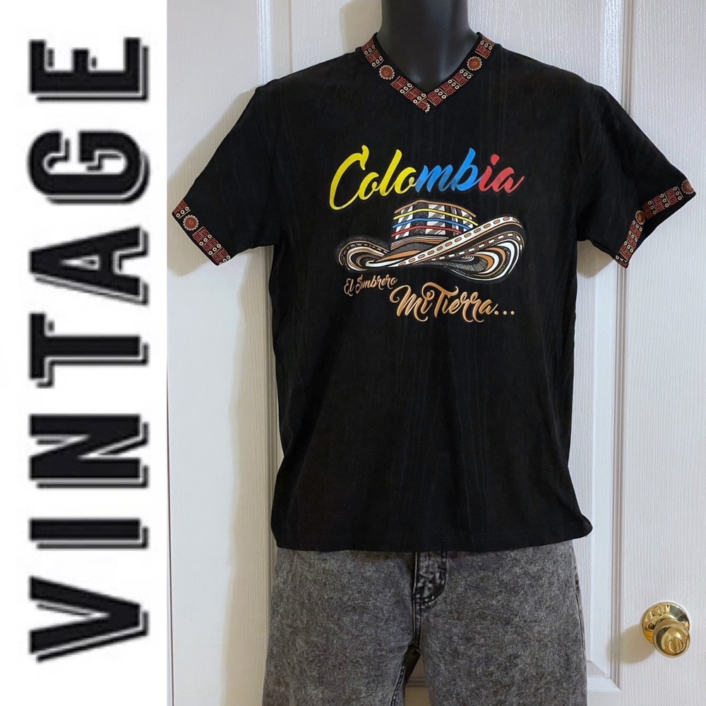 EUC Vintage Colombia graphic tourist v-neck tee, black & brown tie dye, Sz M,